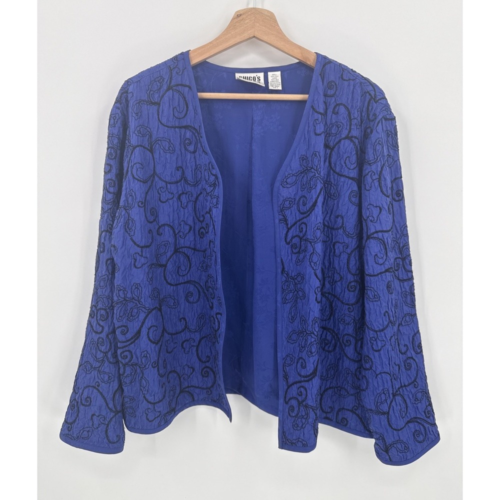 Vintage Chico's Womens Royal Blue Embroidered Silk Jacket Size 2/Large Elegant